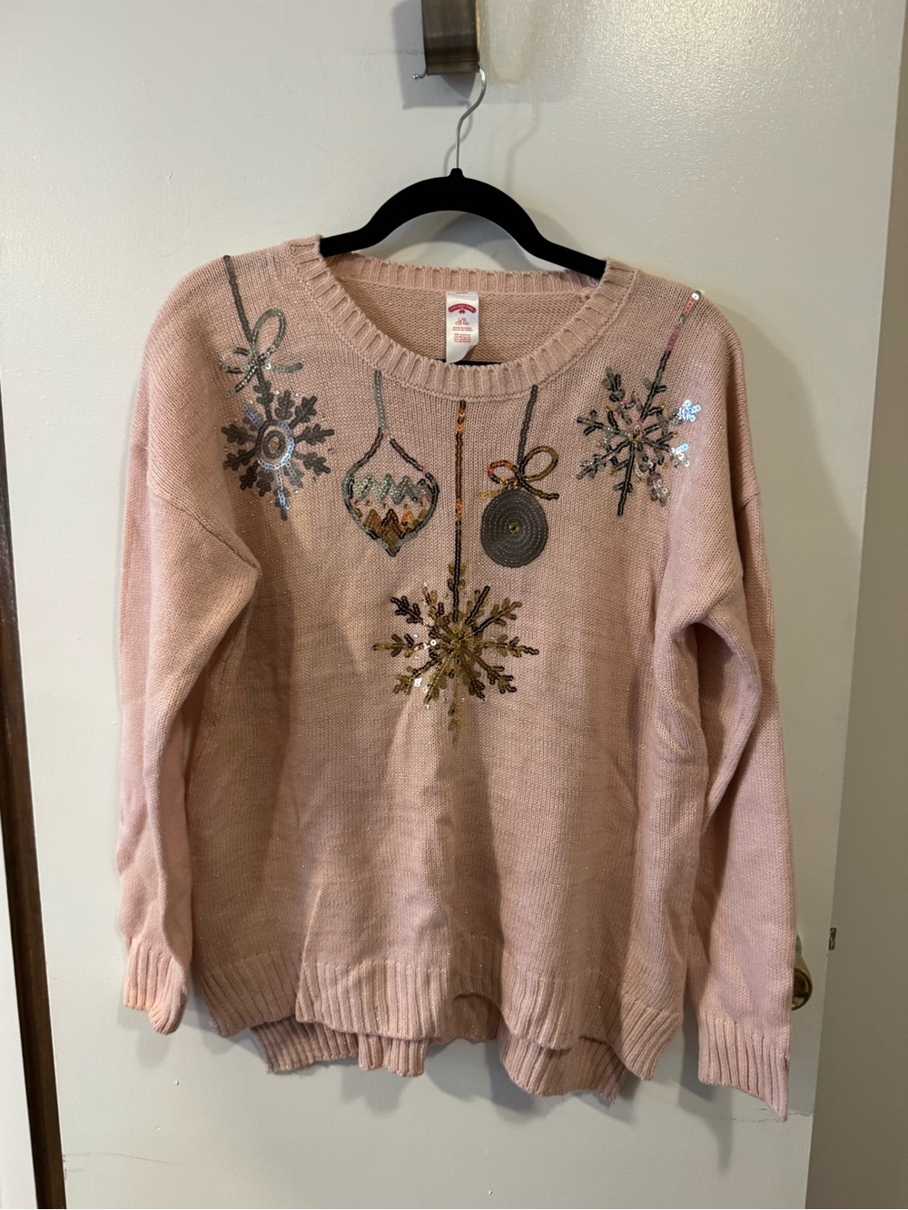 Holiday Time Pink Sequin Christmas Ornament Snowflake Sweater L/XL 12-14